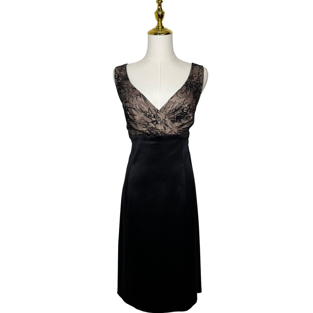 allen b. black beige satin floral lace midi cocktail dress coquette goth chic